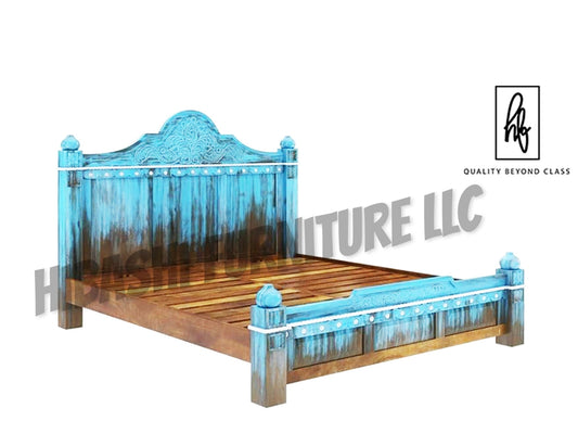 Hand Carved Blue Wash Solid Mango Wood Platform Bed – handcrafted solid wood furniture