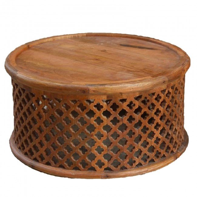 Hand Carved Floral Round Coffee Table by Hibashi Furniture – handcrafted solid wood furniture made in India
