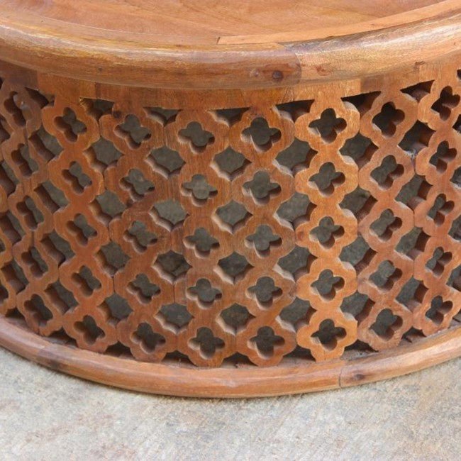 Hand Carved Floral Round Coffee Table by Hibashi Furniture – handcrafted solid wood furniture made in India