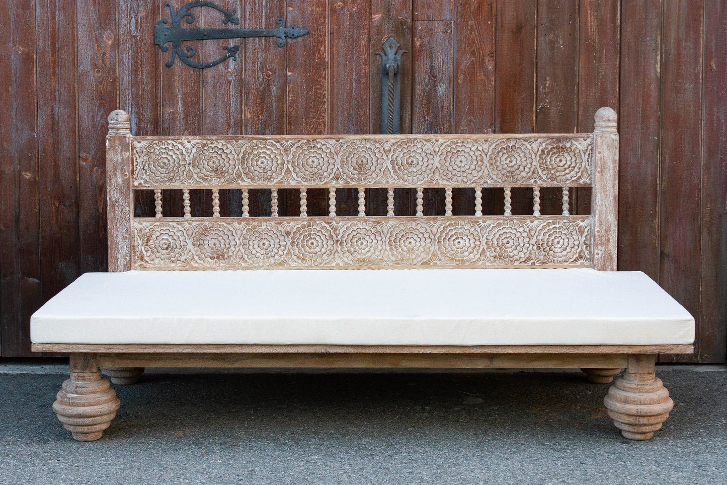 Hand Carved Indian Mughal floral White Washed Charming Daybed by Hibashi Furniture – handcrafted solid wood furniture made in India