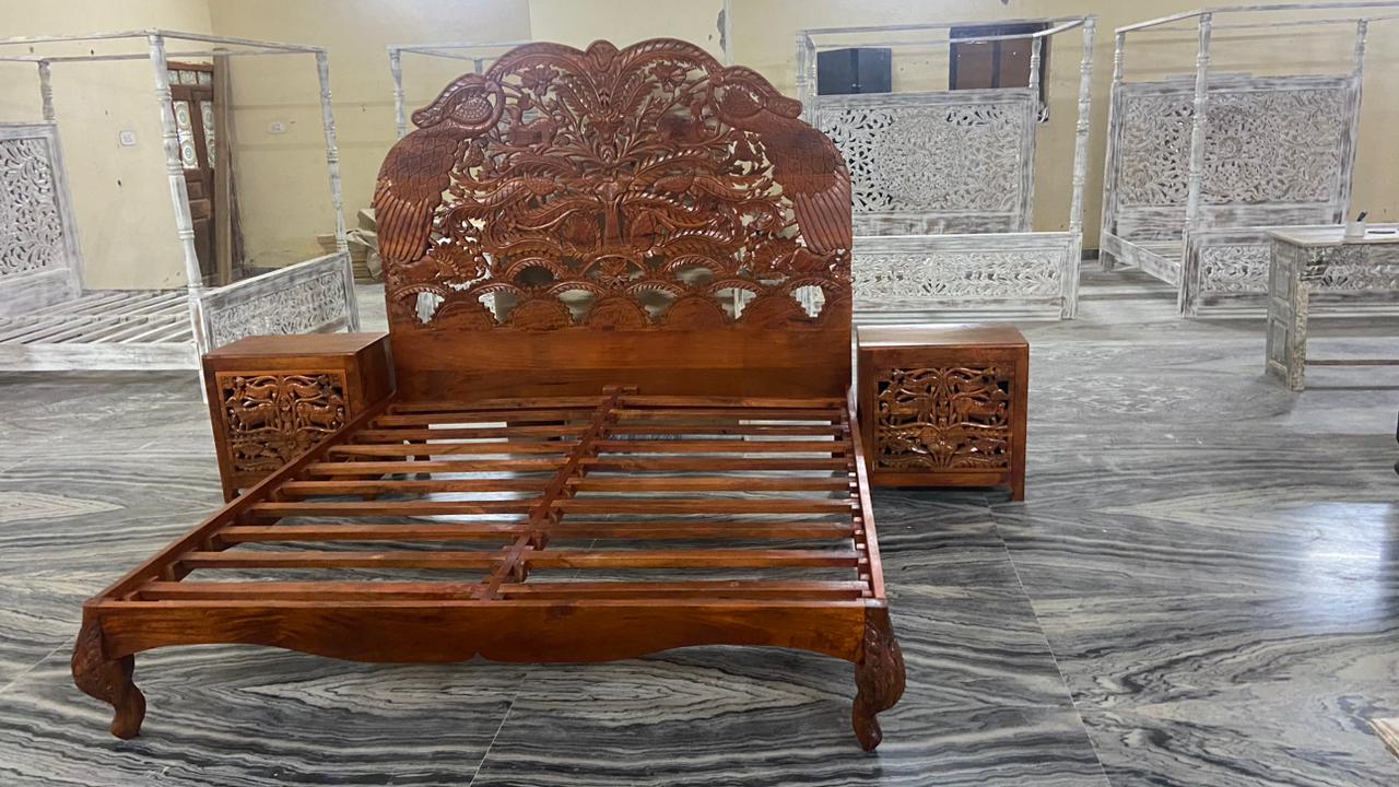 Hand Carved Indian Shajahan Bed Frame Indian Bed bedside by Hibashi Furniture – handcrafted solid wood furniture made in India