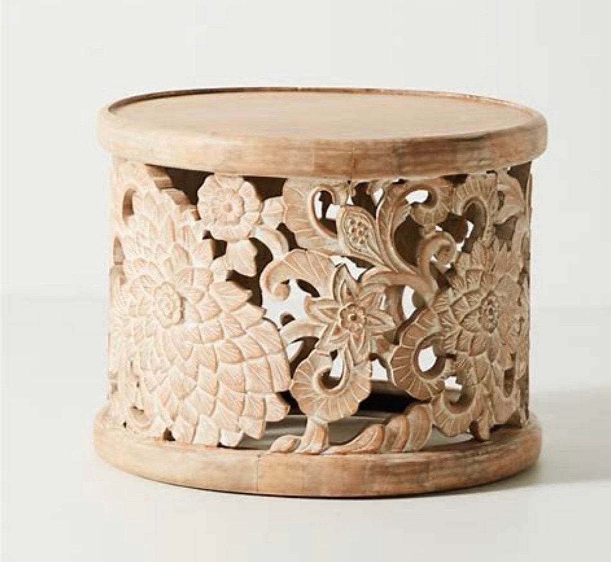 Hand Carved Lotus Floral Round Side Table by Hibashi Furniture – handcrafted solid wood furniture made in India