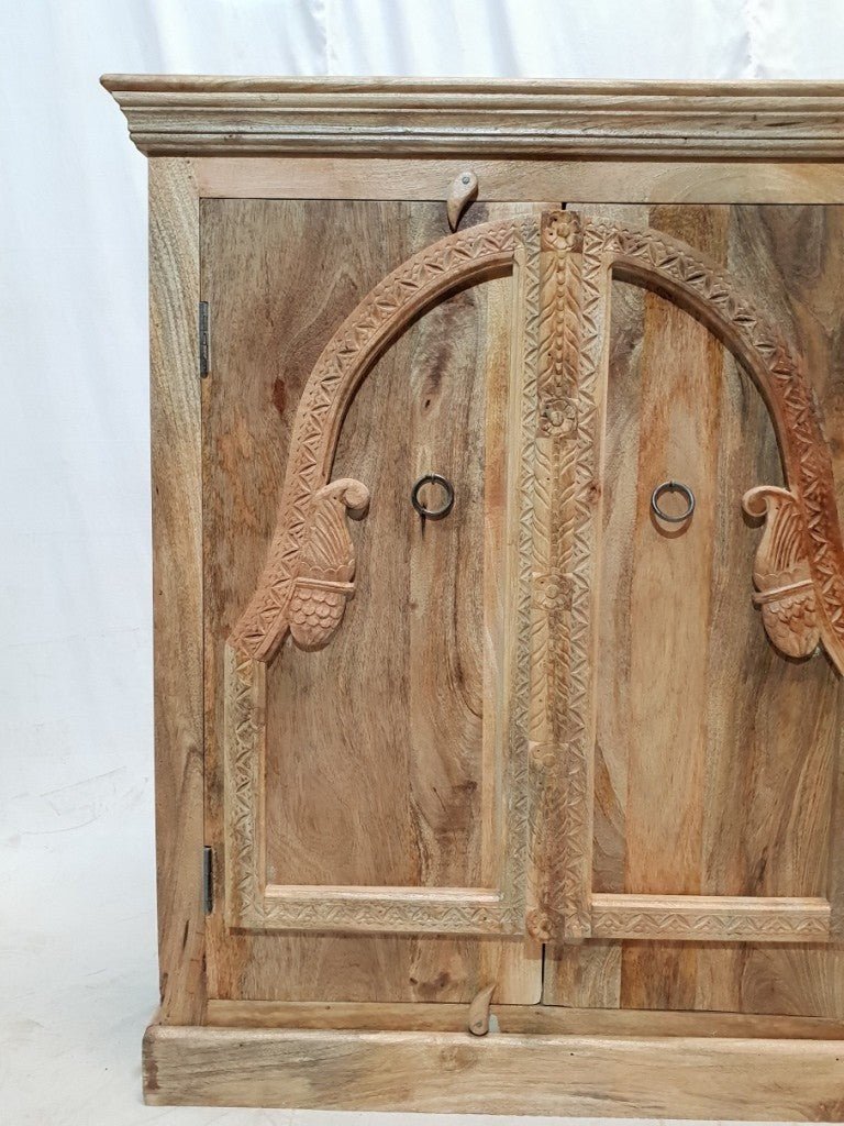 Hand Carved Natural Wooden Small Cabinet Pantry Cupboard by Hibashi Furniture – handcrafted solid wood furniture made in India