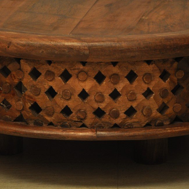 Hand Carved Round Coffee Table with Legs – handcrafted solid wood furniture