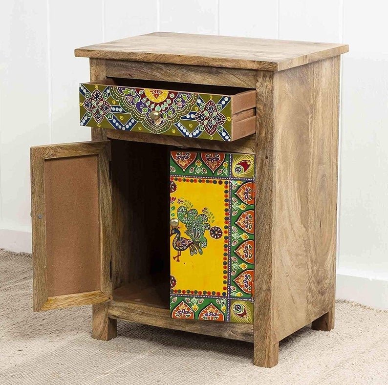 Hand Painted Wooden Bedside Table and Cabinet by Hibashi Furniture – handcrafted solid wood furniture made in India
