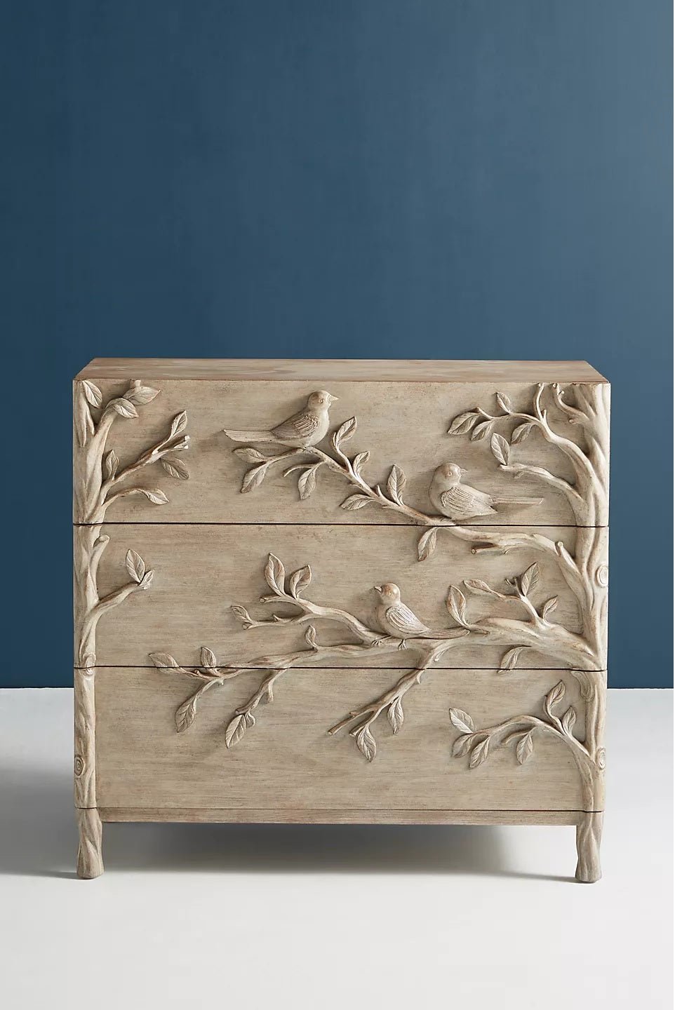 Handcarved Ornithology Three - Drawer Dresser by Hibashi Furniture – handcrafted solid wood furniture made in India