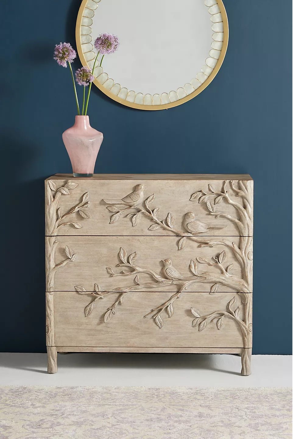 Handcarved Ornithology Three - Drawer Dresser by Hibashi Furniture – handcrafted solid wood furniture made in India