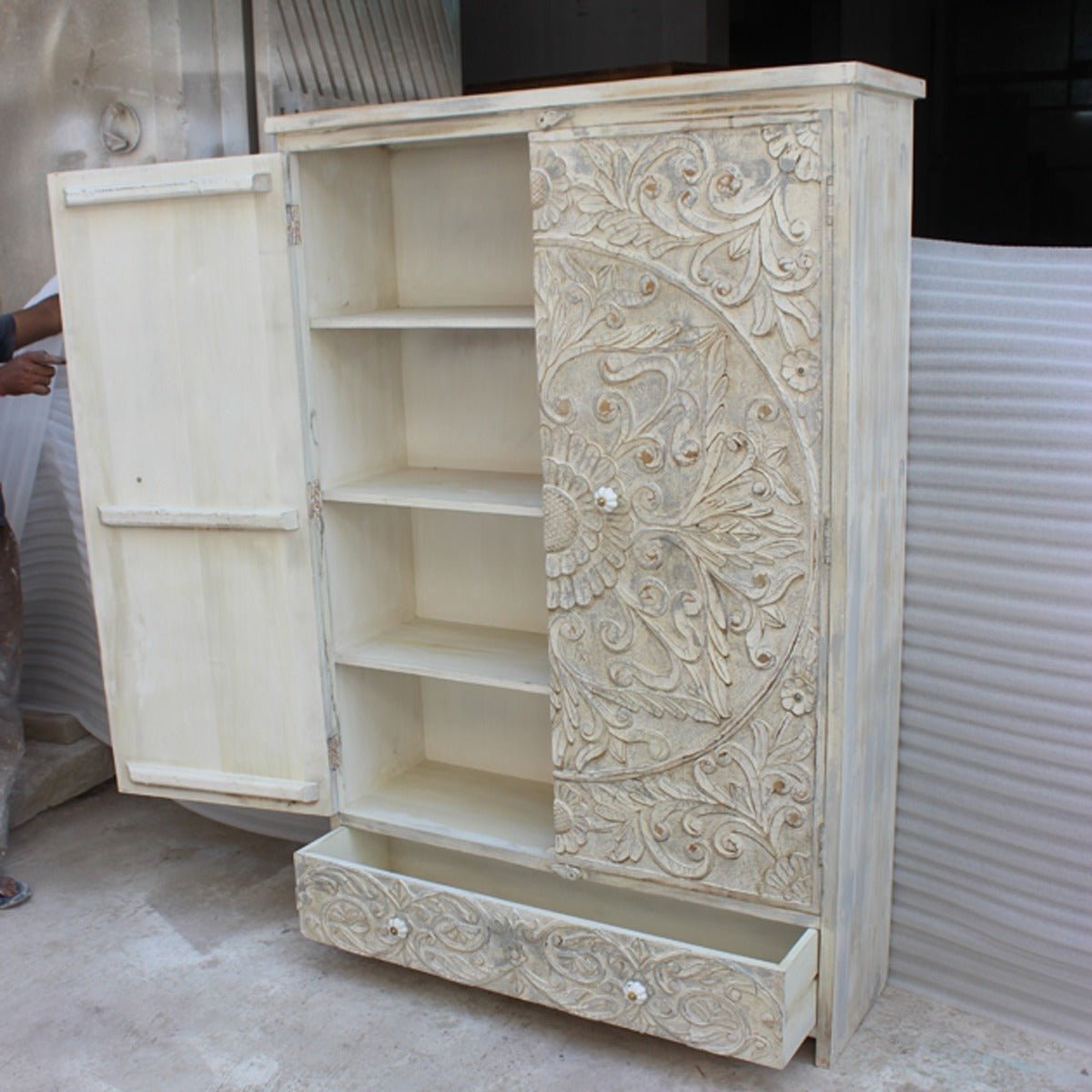 Indian Hand Carved Floral Design Solid Wooden Wardrobe/ Armoire – handcrafted solid wood furniture