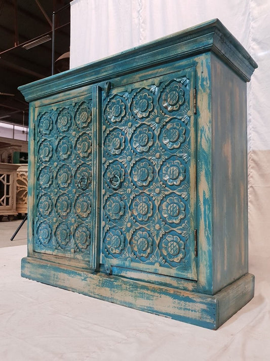 Indian hand carved floral small buffet sideboard storage cabinet – handcrafted solid wood furniture