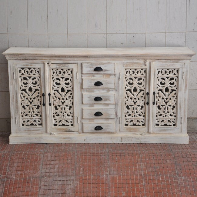 JALI SOLID 5 DRAWERS WOODEN SIDEBOARD-White wash-180-40-90