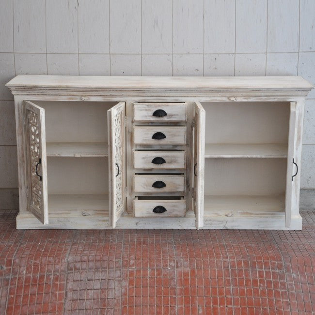 JALI SOLID 5 DRAWERS WOODEN SIDEBOARD-White wash-180-40-90
