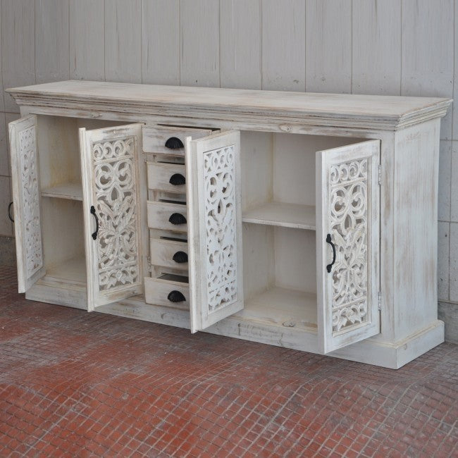 JALI SOLID 5 DRAWERS WOODEN SIDEBOARD-White wash-180-40-90