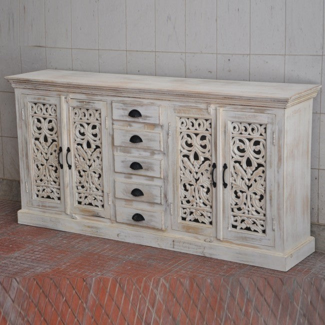 JALI SOLID 5 DRAWERS WOODEN SIDEBOARD-White wash-180-40-90