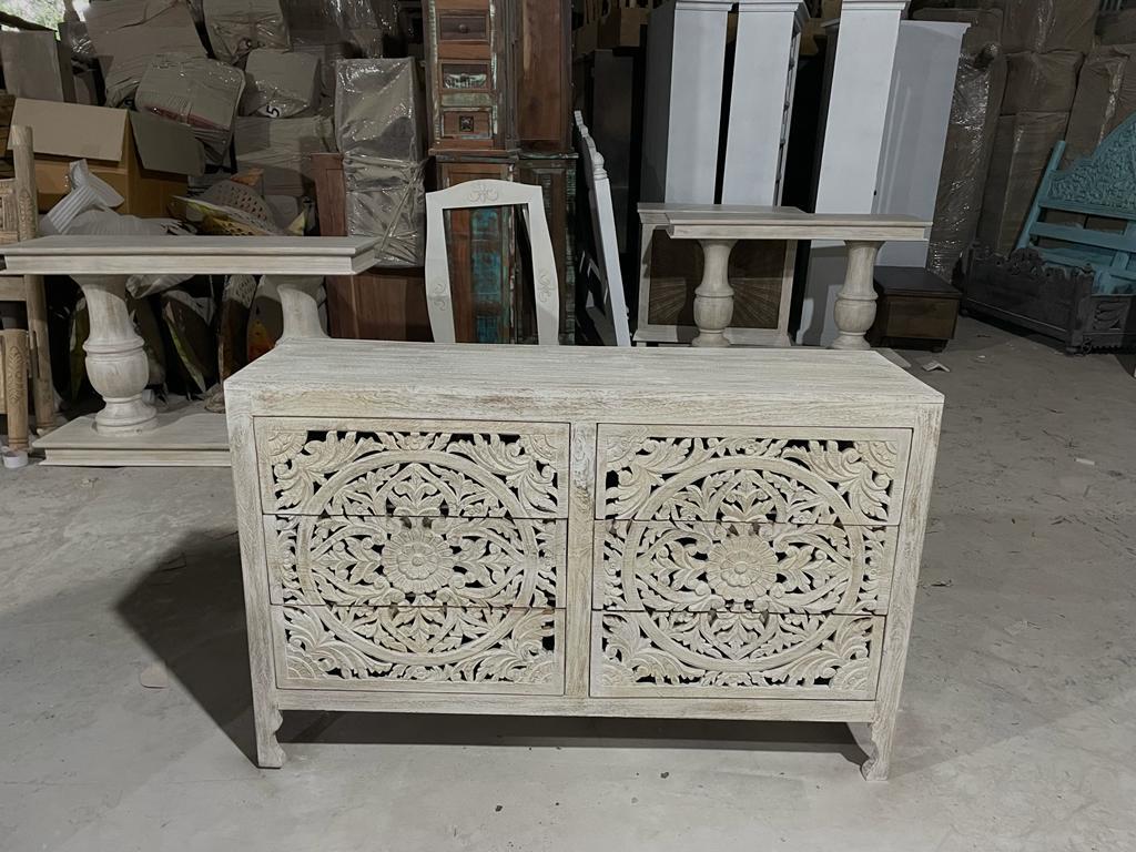 Lombok Hand Carved Wooden Six Drawer Dresser/ Hand Made wooden Dresser by Hibashi Furniture – handcrafted solid wood furniture made in India