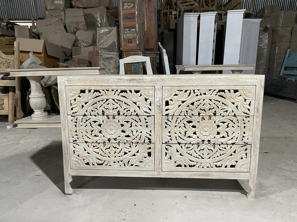 Lombok Hand Carved Wooden Six Drawer Dresser/ Hand Made wooden Dresser by Hibashi Furniture – handcrafted solid wood furniture made in India