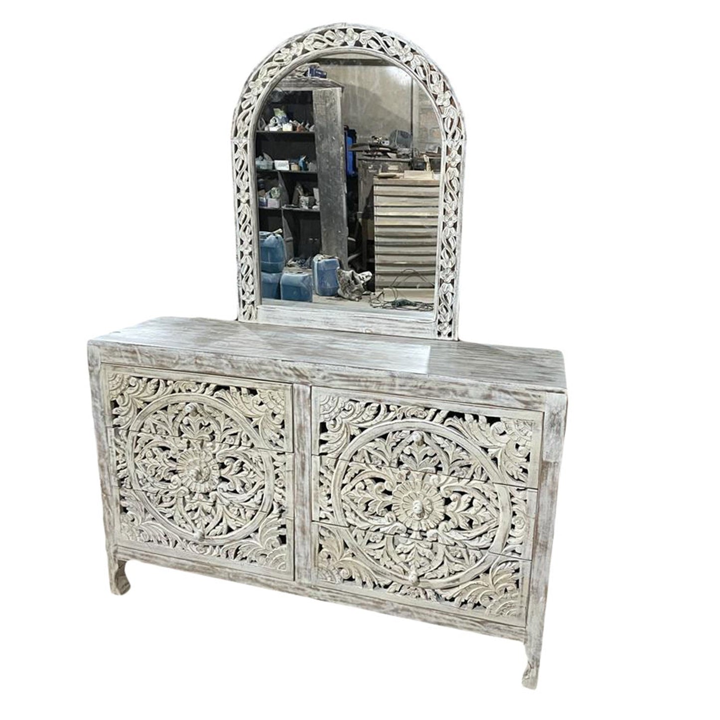 Lombok Hand Carved Wooden Six Drawer Dresser With Mirror by Hibashi Furniture – handcrafted solid wood furniture made in India