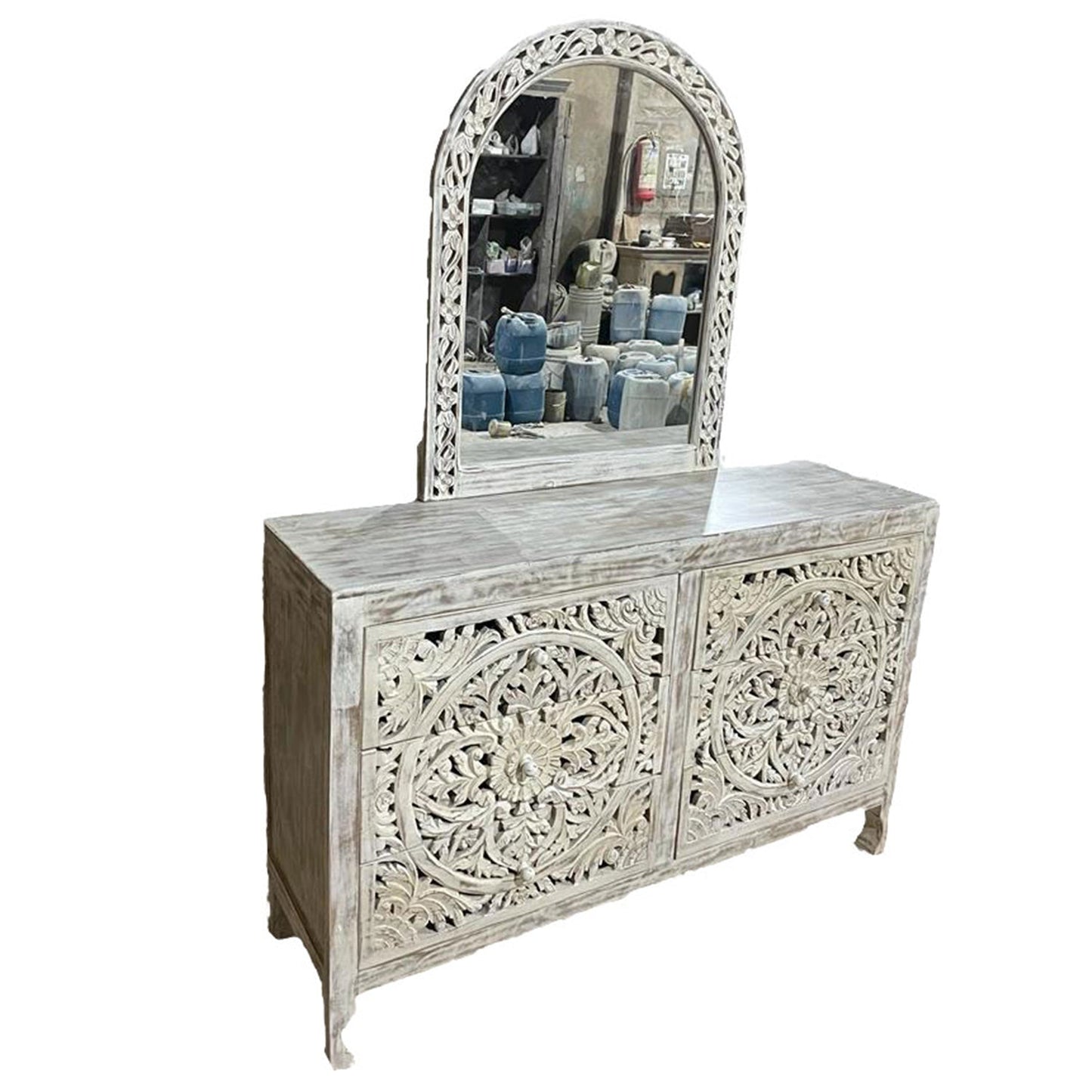 Lombok Hand Carved Wooden Six Drawer Dresser With Mirror by Hibashi Furniture – handcrafted solid wood furniture made in India