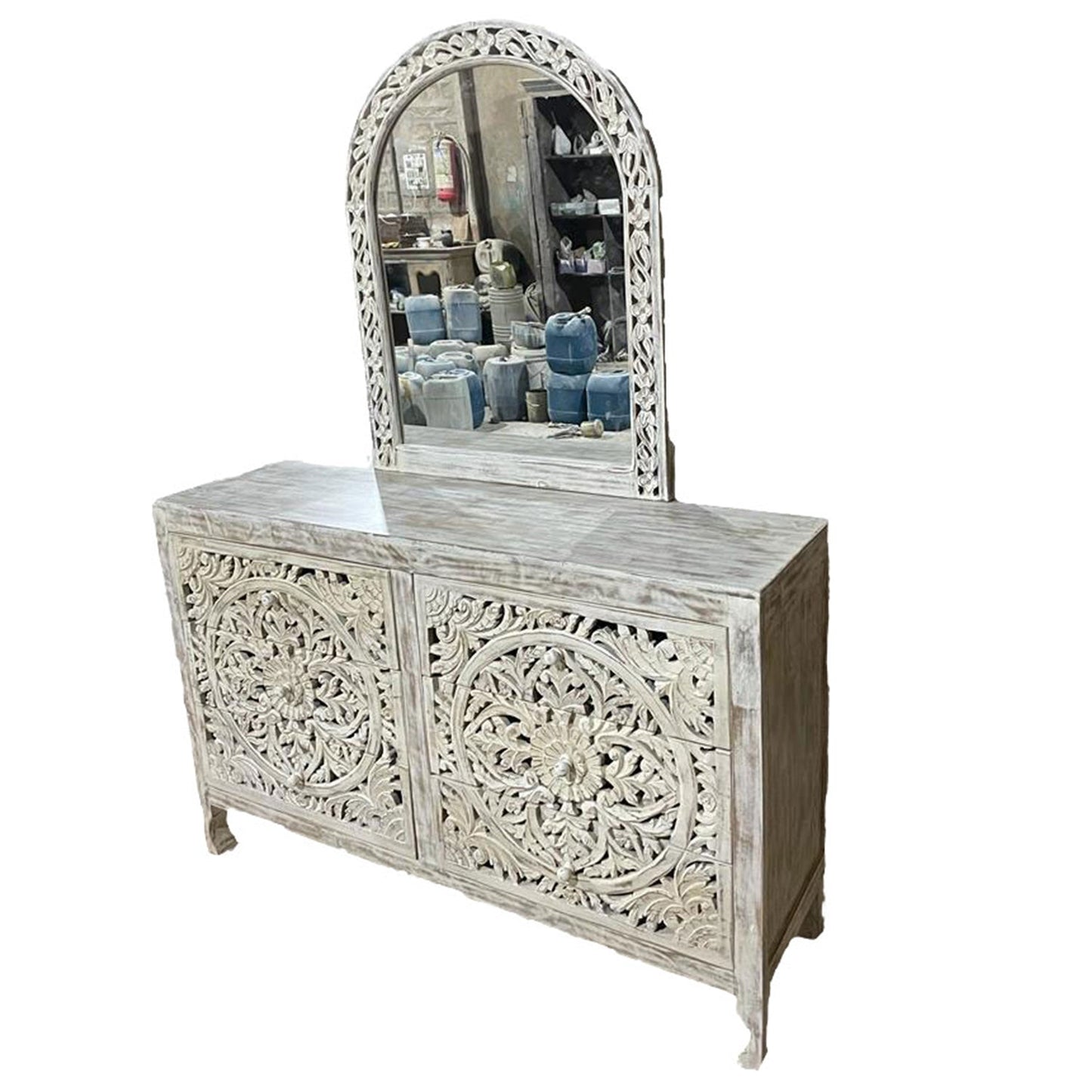 Lombok Hand Carved Wooden Six Drawer Dresser With Mirror by Hibashi Furniture – handcrafted solid wood furniture made in India