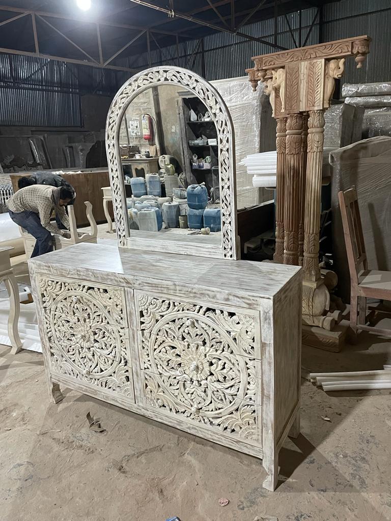 Lombok Hand Carved Wooden Six Drawer Dresser With Mirror by Hibashi Furniture – handcrafted solid wood furniture made in India