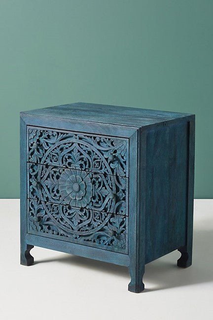 Lombok Handmade Wooden Nightstand / Hand Carved Floral Bedside by Hibashi Furniture – handcrafted solid wood furniture made in India
