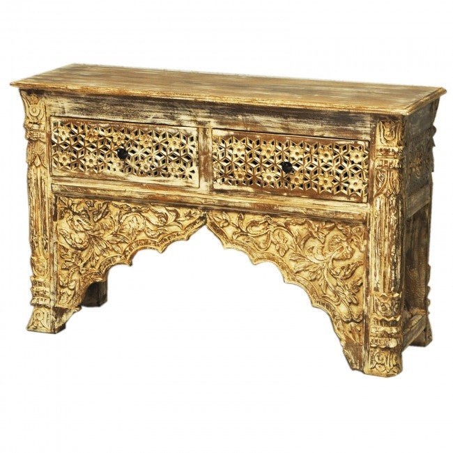Mehrab Style Carved Console Table/Hall Table with Drawers - Cream Wash by Hibashi Furniture – handcrafted solid wood furniture made in India