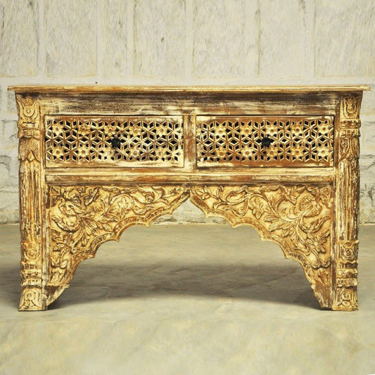 Mehrab Style Carved Hall Table with Drawers – handcrafted solid wood furniture