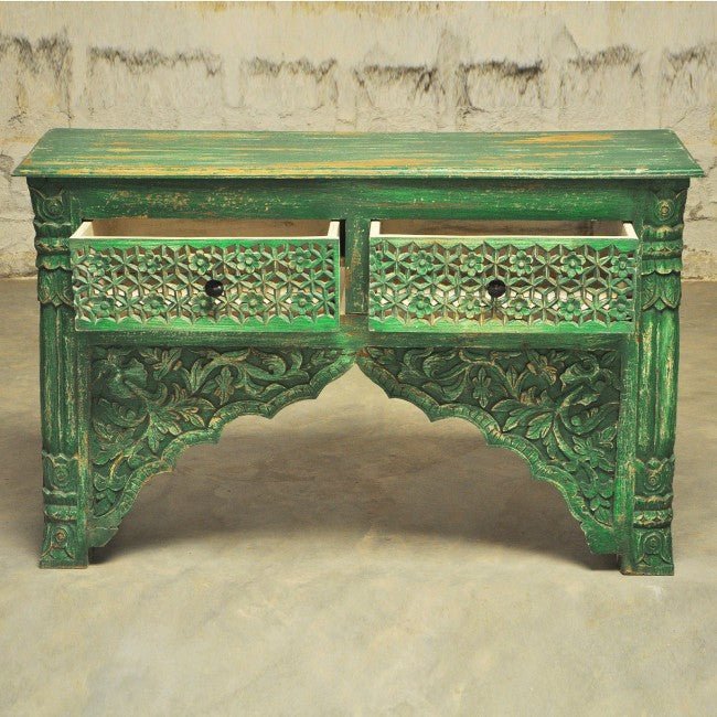 Mehrab Style Carved Hall Table with Drawers – handcrafted solid wood furniture