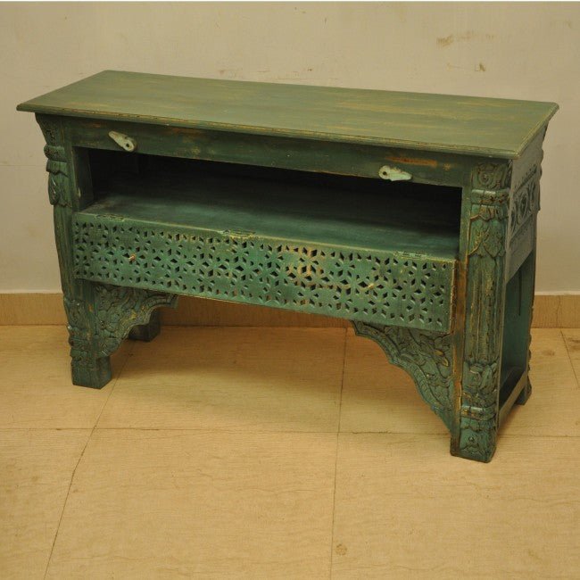 Mehrab Style Carved Hall Table with Drawers - Green by Hibashi Furniture – handcrafted solid wood furniture made in India