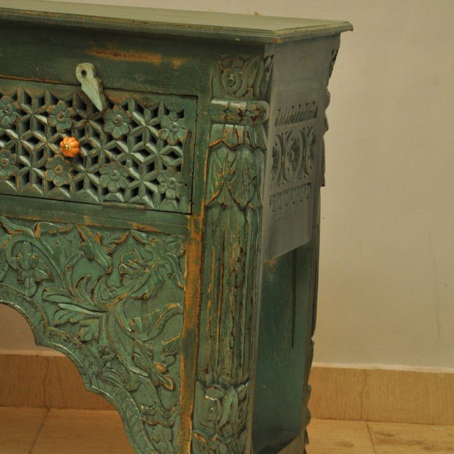 Mehrab Style Carved Hall Table with Drawers - Green by Hibashi Furniture – handcrafted solid wood furniture made in India