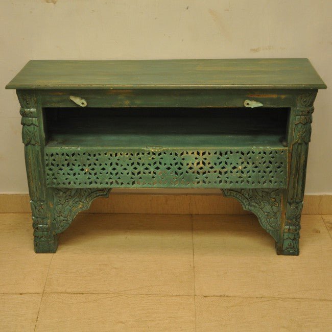Mehrab Style Carved Hall Table with Drawers - Green by Hibashi Furniture – handcrafted solid wood furniture made in India