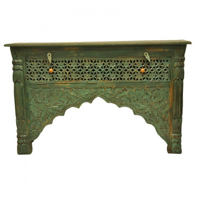 Mehrab Style Carved Hall Table with Drawers - Green by Hibashi Furniture – handcrafted solid wood furniture made in India