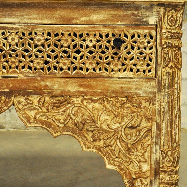 Mehrab Style Carved Hall Table with One Drawer by Hibashi Furniture – handcrafted solid wood furniture made in India