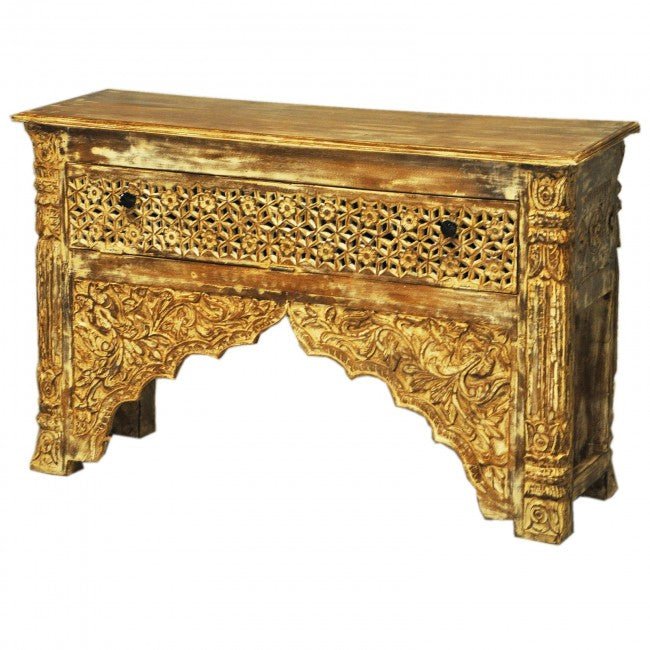 Mehrab Style Carved Hall Table with One Drawer by Hibashi Furniture – handcrafted solid wood furniture made in India
