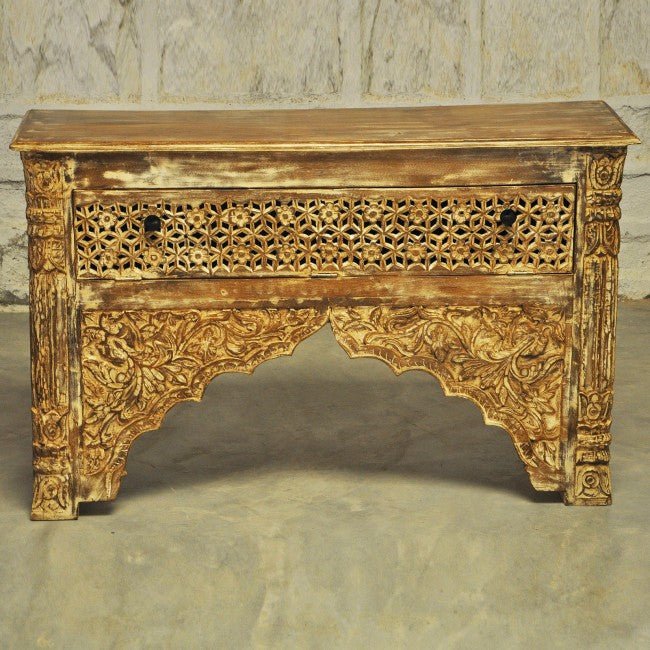 Mehrab Style Carved Hall Table with One Drawer by Hibashi Furniture – handcrafted solid wood furniture made in India