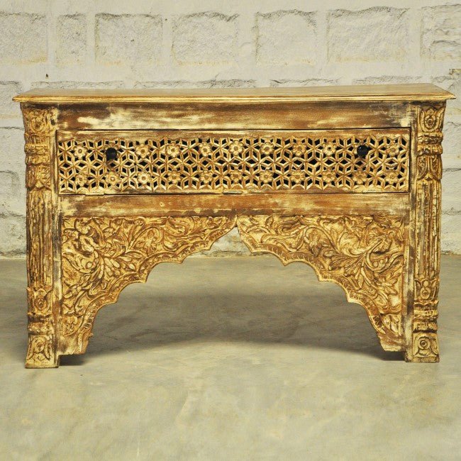 Mehrab Style Carved Hall Table with One Drawer by Hibashi Furniture – handcrafted solid wood furniture made in India