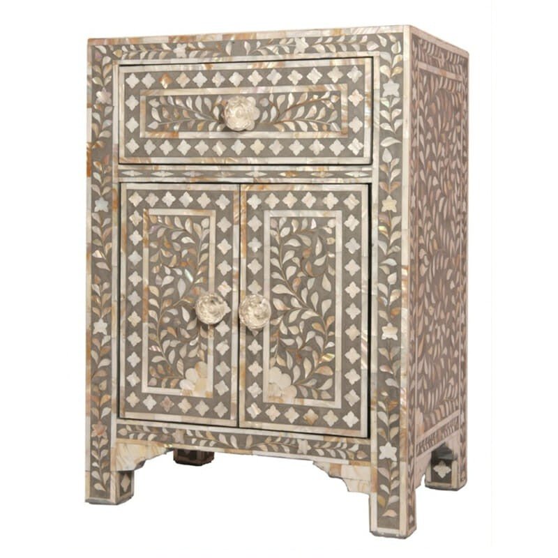 Mother of Pearl Bone Inlay Handmade Bedside Table – handcrafted solid wood furniture