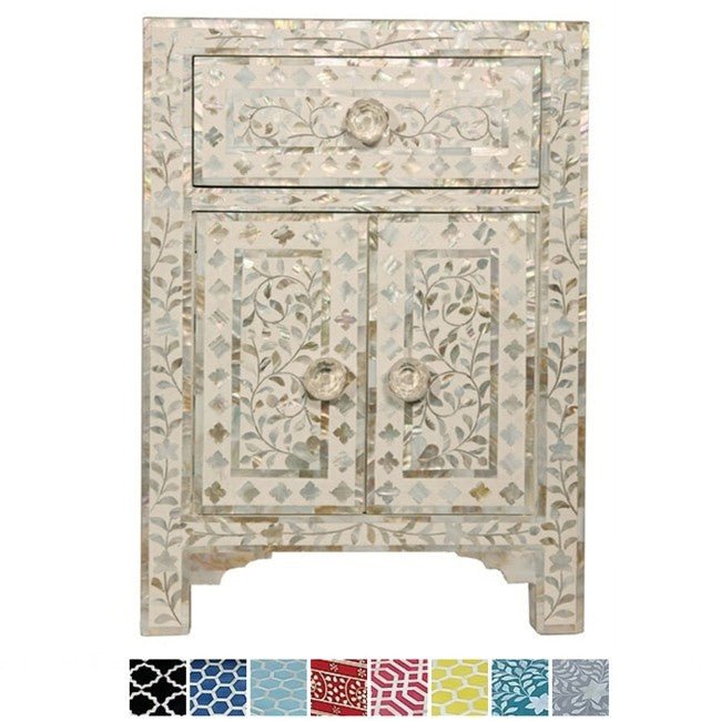Mother of Pearl Bone Inlay Handmade Bedside Table – handcrafted solid wood furniture