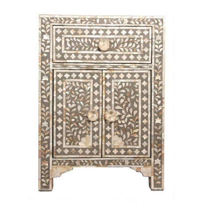 Mother of Pearl Bone Inlay Handmade Bedside Table – handcrafted solid wood furniture