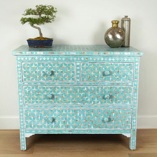 Mother of Pearl Star Geometrical Design 4 Drawer Chest – handcrafted solid wood furniture