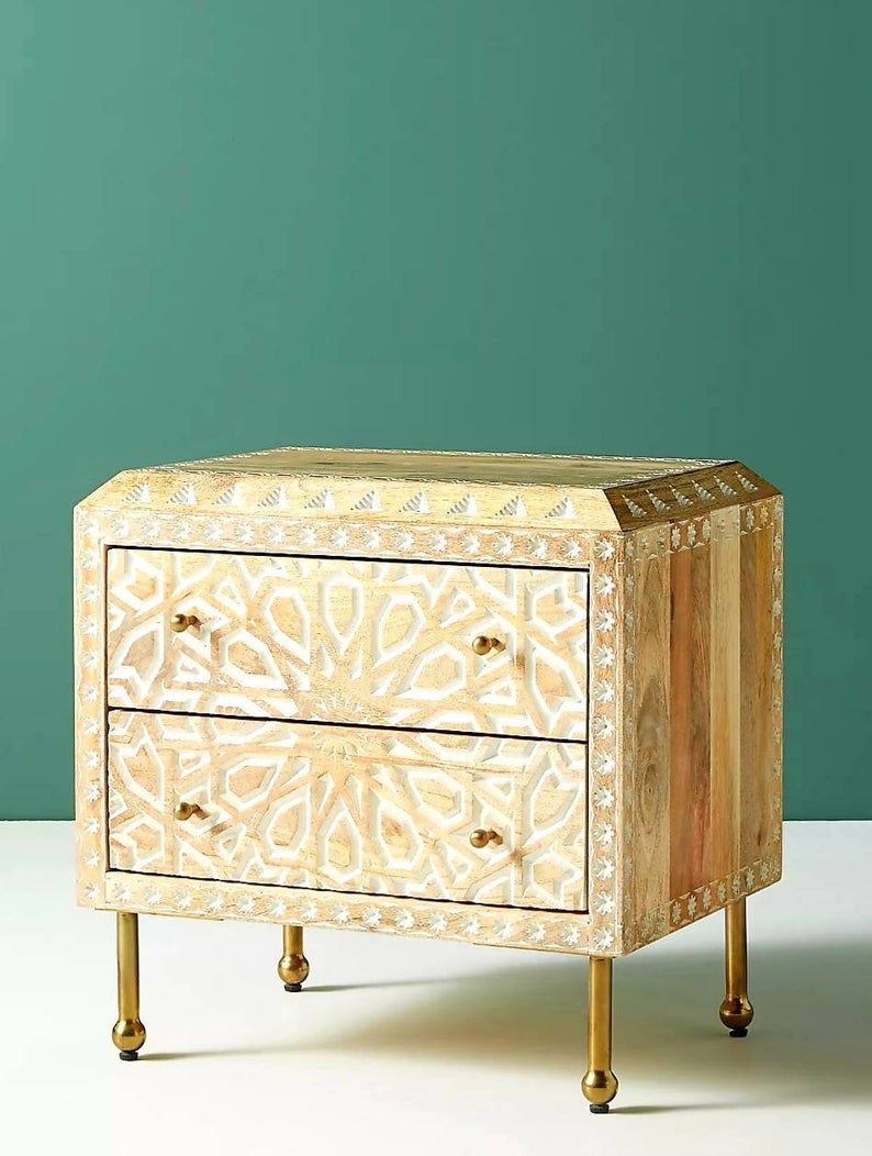 Mughal Garden Geometrical Carved Natural 2 Tone Bedside / Nightstand by Hibashi Furniture – handcrafted solid wood furniture made in India