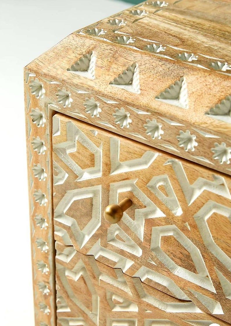 Mughal Garden Geometrical Carved Natural 2 Tone Bedside / Nightstand by Hibashi Furniture – handcrafted solid wood furniture made in India