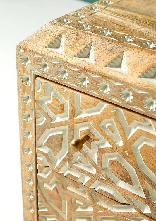 Mughal Garden Geometrical Carved Natural 2 Tone Bedside / Nightstand – handcrafted solid wood furniture