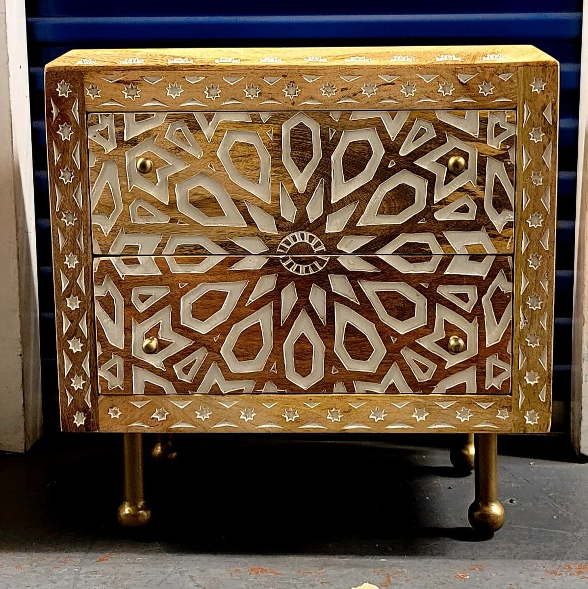 Mughal Garden Geometrical Carved Natural 2 Tone Bedside / Nightstand by Hibashi Furniture – handcrafted solid wood furniture made in India