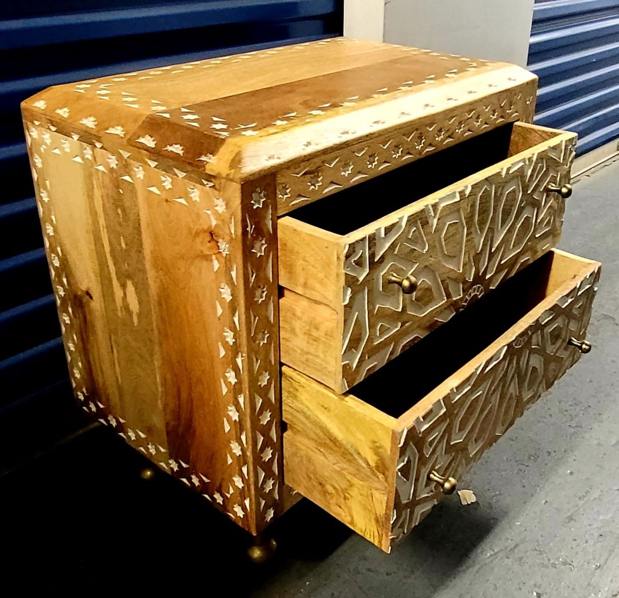 Mughal Garden Geometrical Carved Natural 2 Tone Bedside / Nightstand by Hibashi Furniture – handcrafted solid wood furniture made in India