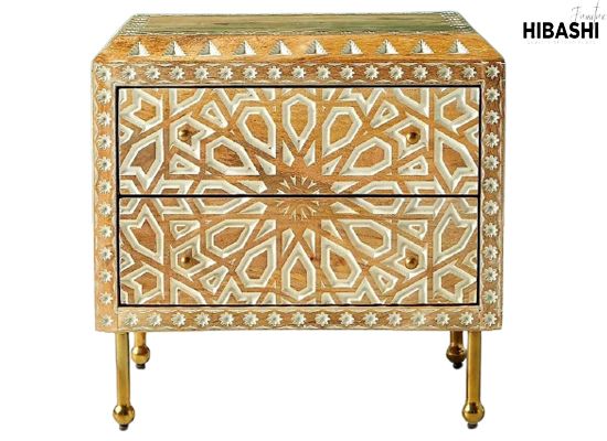 Mughal Garden Geometrical Carved Natural 2 Tone Bedside / Nightstand by Hibashi Furniture – handcrafted solid wood furniture made in India