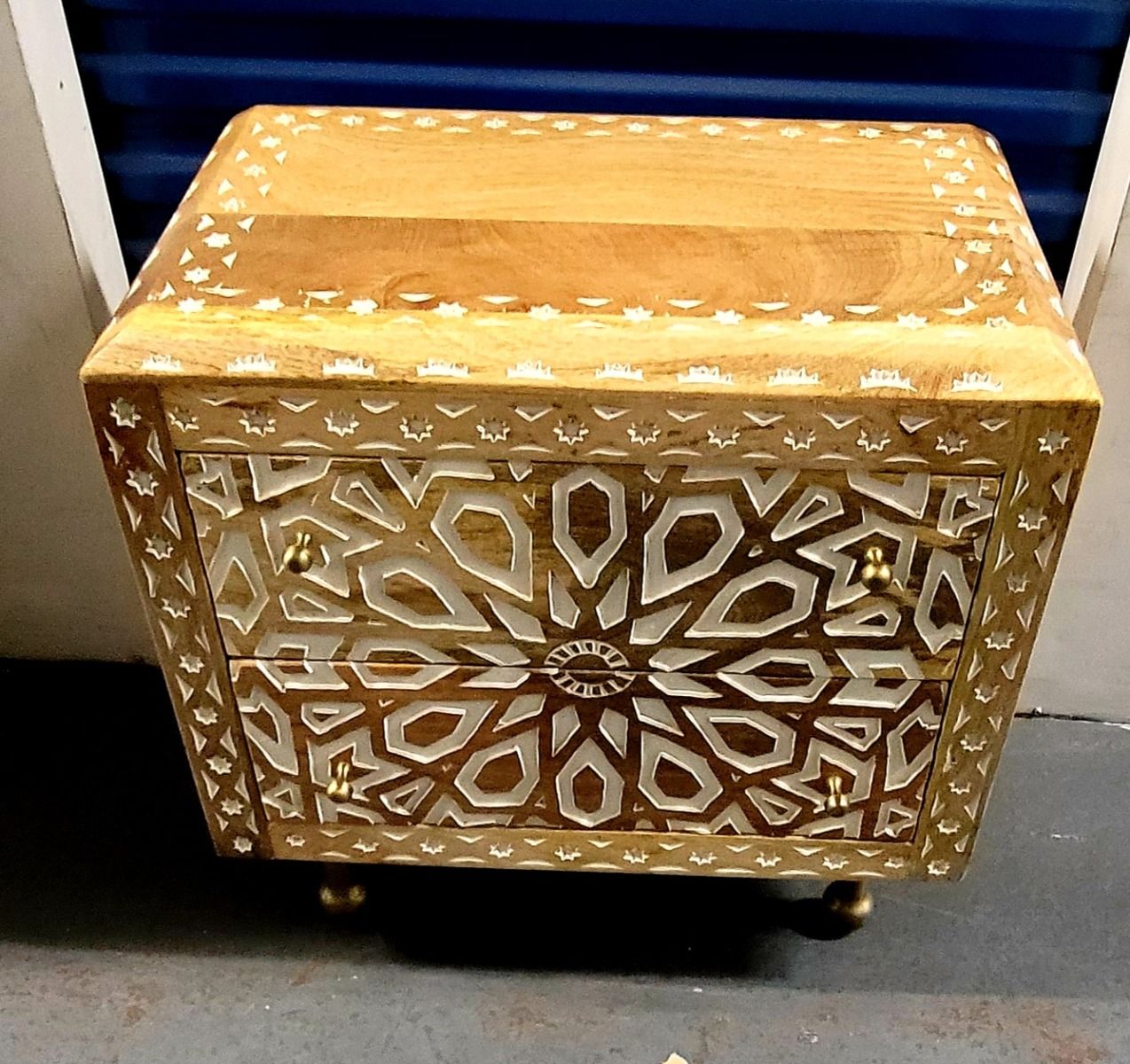 Mughal Garden Geometrical Carved Natural 2 Tone Bedside / Nightstand by Hibashi Furniture – handcrafted solid wood furniture made in India