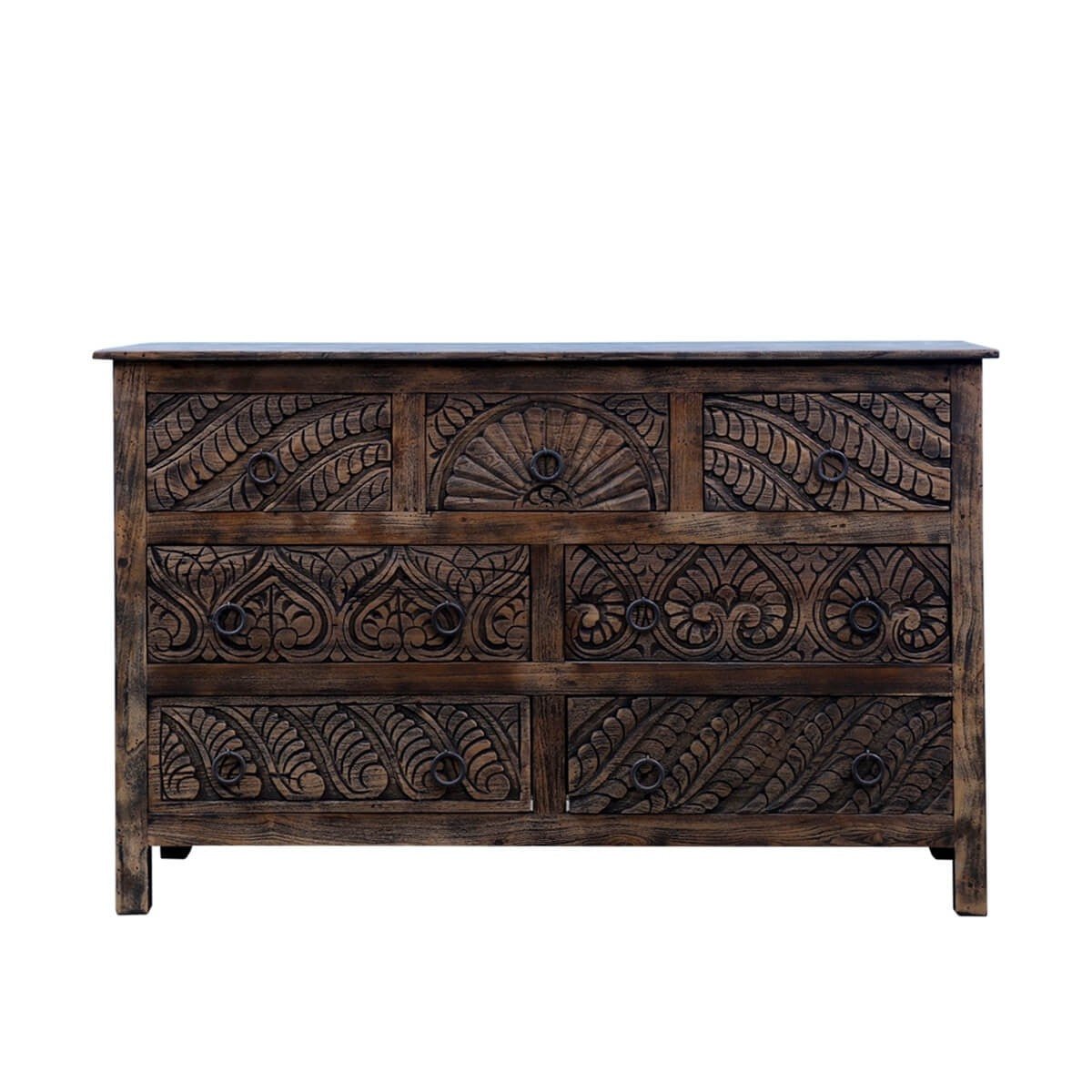 Mughal Garden Indian Hand Carved Reclaimed Wood 7 Drawer Rustic Dresser - HF Commercial Furniture