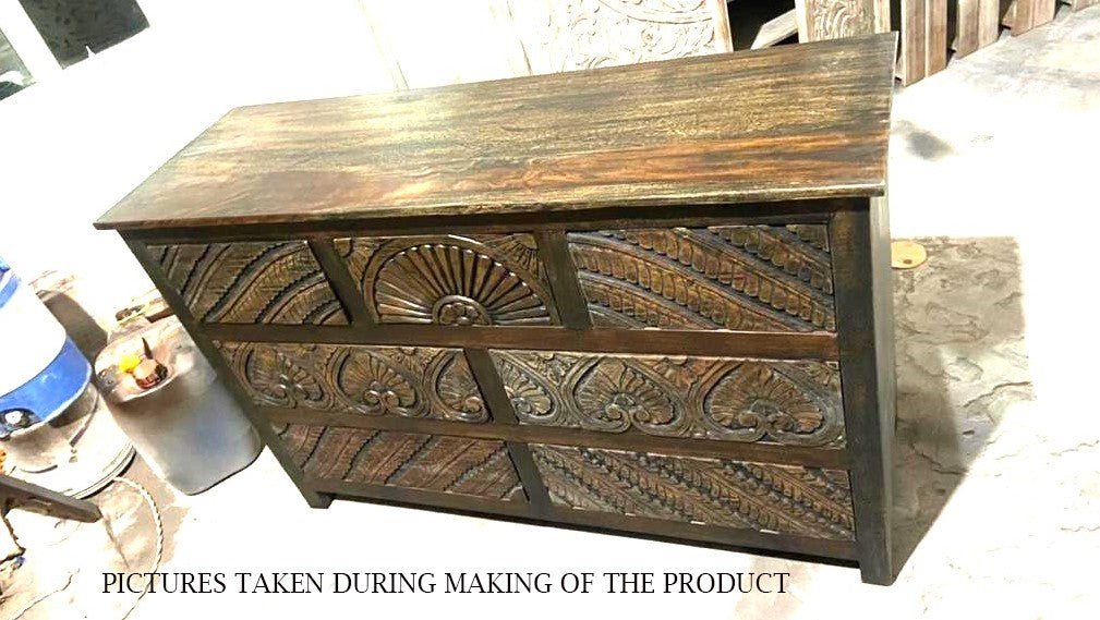 Mughal Garden Indian Hand Carved Reclaimed Wood 7 Drawer Rustic Dresser - HF Commercial Furniture