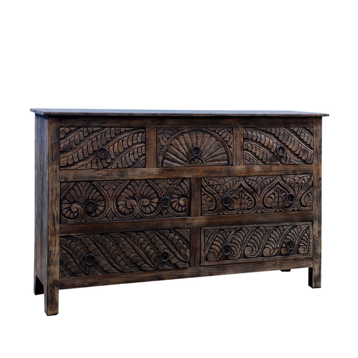 Mughal Garden Indian Hand Carved Reclaimed Wood 7 Drawer Rustic Dresser - HF Commercial Furniture