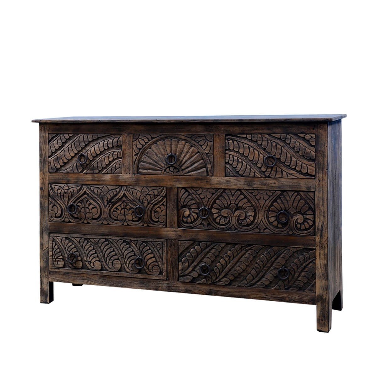 Mughal Garden Indian Hand Carved Reclaimed Wood 7 Drawer Rustic Dresser - HF Commercial Furniture